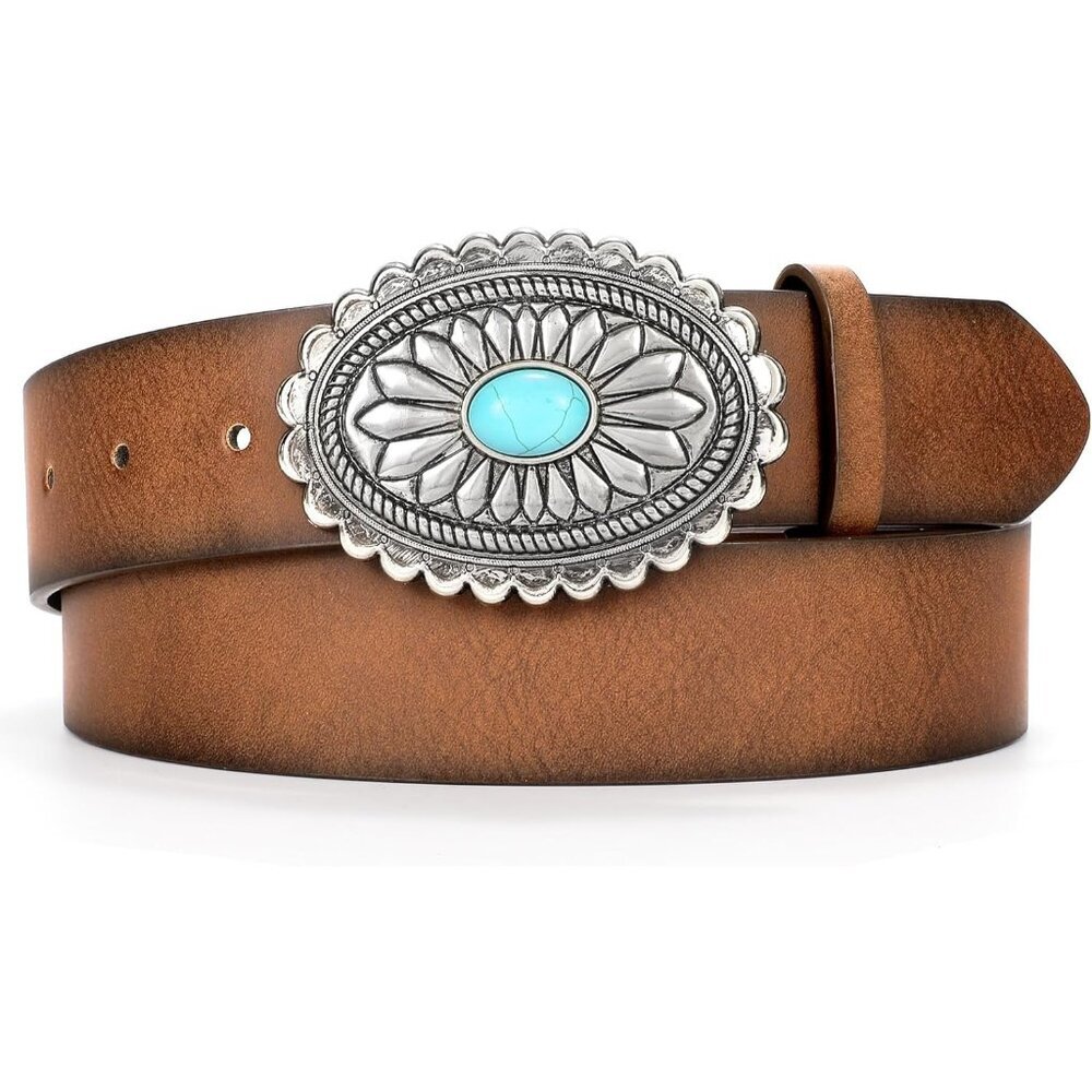 Women Western Leather Vintage Country Belt Concho Belt Coffee With Silver Buckle